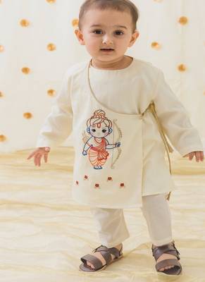 Cream embroidered cotton  kurta pyjama 1