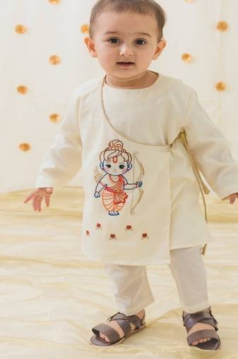 Cream embroidered cotton  kurta pyjama