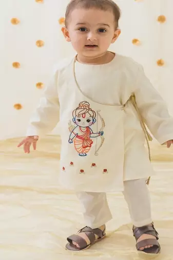Cream embroidered cotton  kurta pyjama