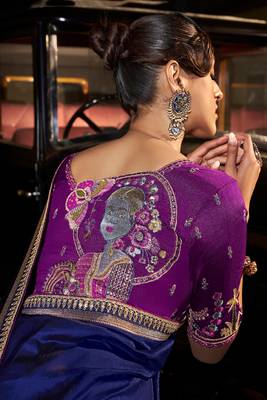 Blue silk blend weaved pallu saree with embroidered blouse 2