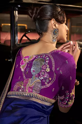 Blue silk blend weaved pallu saree with embroidered blouse