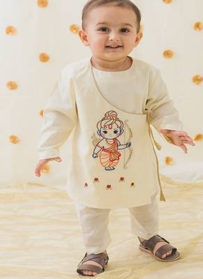 Cream embroidered cotton  kurta pyjama 2