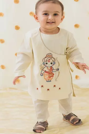 Cream embroidered cotton  kurta pyjama