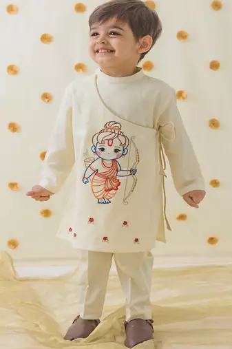 Cream embroidered cotton  kurta pyjama