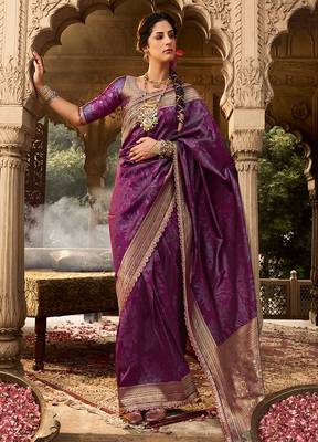 Wine soft banarasi silk woven with lace border saree with blouse 1