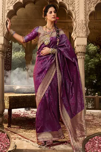 Wine soft banarasi silk woven with lace border saree with blouse