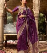 Wine soft banarasi silk woven with lace border saree with blouse