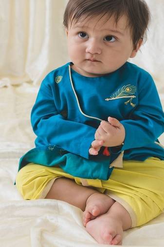 Blue embroidered cotton  kurta pyjama