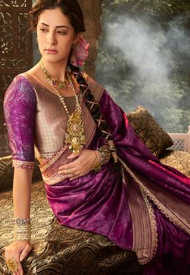 Wine soft banarasi silk woven with lace border saree with blouse 2