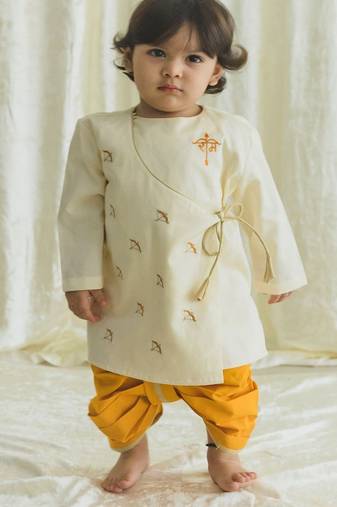 Cream embroidered cotton  kurta pyjama