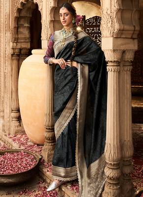 Black soft banarasi silk blend woven with lace border saree with blouse 1