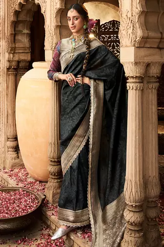 Black soft banarasi silk blend woven with lace border saree with blouse