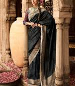 Black soft banarasi silk blend woven with lace border saree with blouse