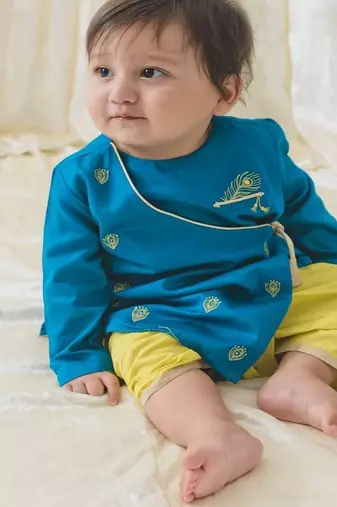 Blue embroidered cotton  kurta pyjama