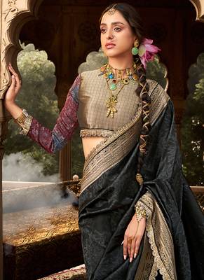 Black soft banarasi silk blend woven with lace border saree with blouse 2