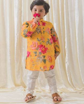 Yellow printed cotton  kurta pyjama 1