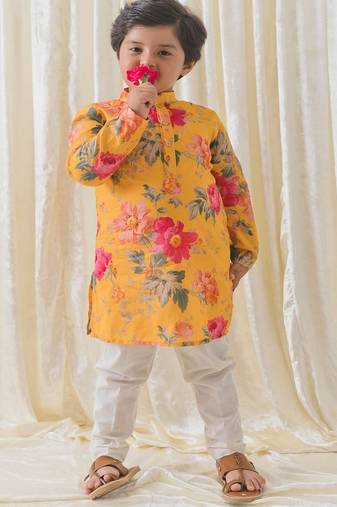 Yellow printed cotton  kurta pyjama