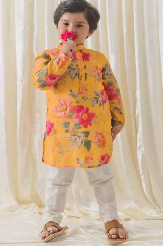 Yellow printed cotton  kurta pyjama