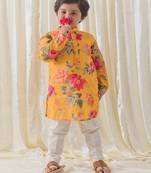 Yellow printed cotton  kurta pyjama