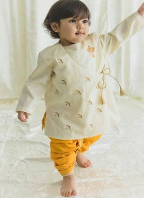 Cream embroidered cotton  kurta pyjama 4