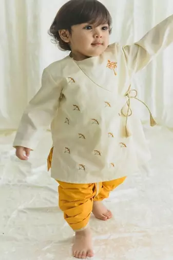 Cream embroidered cotton  kurta pyjama