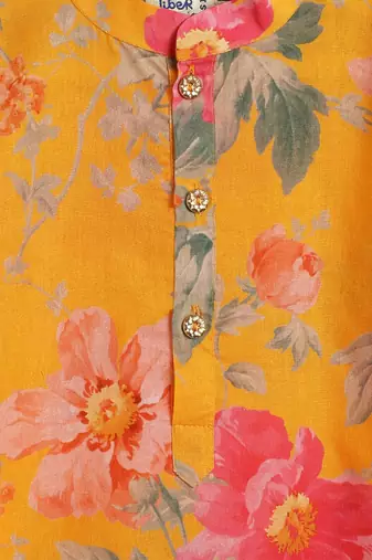 Yellow printed cotton  kurta pyjama