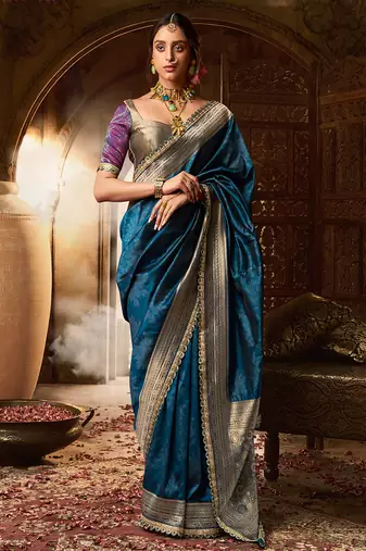 Blue soft banarasi silk blend woven with lace border saree with blouse