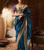 Blue soft banarasi silk blend woven with lace border saree with blouse