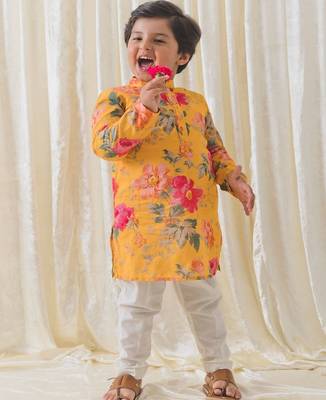 Yellow printed cotton  kurta pyjama 4