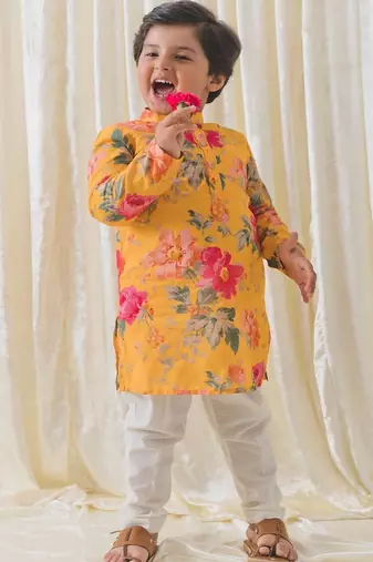 Yellow printed cotton  kurta pyjama