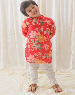 Red printed cotton  kurta pyjama 1