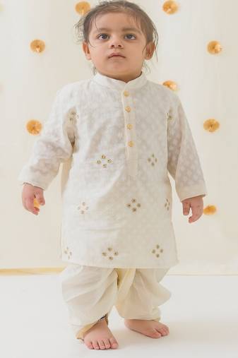 Cream embroidered cotton  kurta pyjama