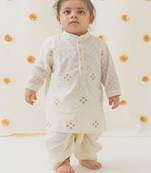 Cream embroidered cotton  kurta pyjama