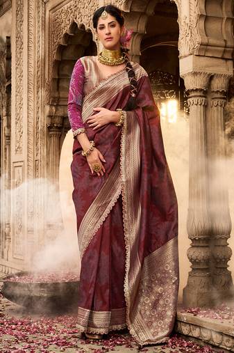 Maroon soft banarasi silk blend woven with lace border saree with blouse
