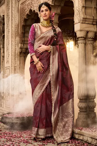 Maroon soft banarasi silk blend woven with lace border saree with blouse