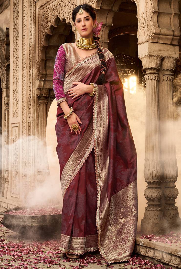 Maroon soft banarasi silk blend woven with lace border saree with blouse