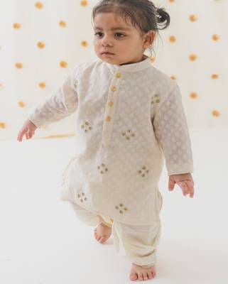 Cream embroidered cotton  kurta pyjama 2