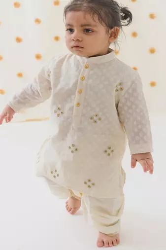 Cream embroidered cotton  kurta pyjama