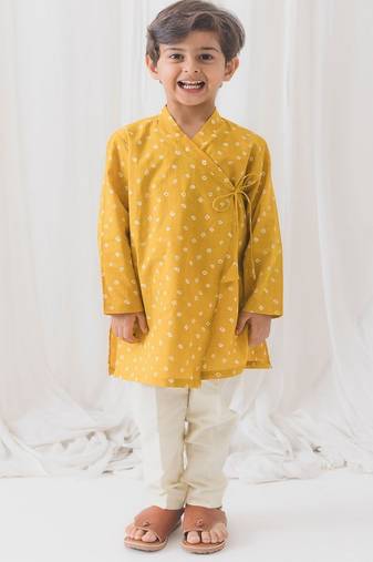 Yellow printed cotton  kurta pyjama