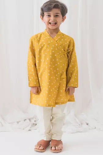 Yellow printed cotton  kurta pyjama