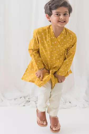 Yellow printed cotton  kurta pyjama