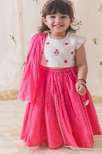 Pink & white embroidered chanderi silk  lehenga