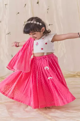 Pink & white embroidered chanderi silk  lehenga
