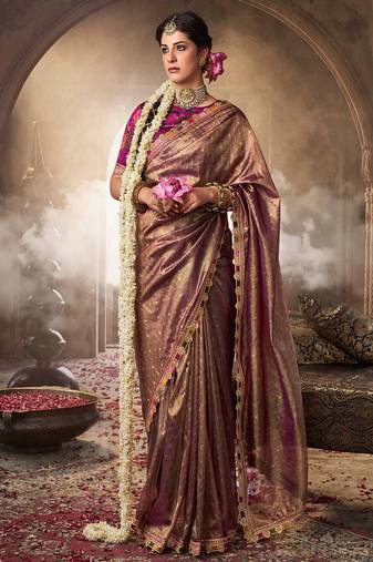 Chocolate  tissue woven with multicolored lace border saree with blouse