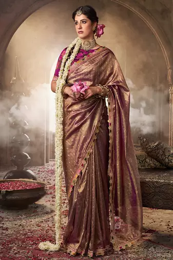 Chocolate  tissue woven with multicolored lace border saree with blouse