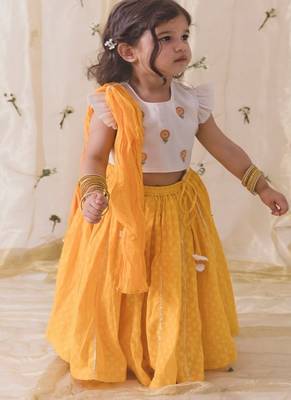 Yellow & white Plain chanderi silk  lehenga 1