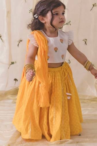 Yellow & white Plain chanderi silk  lehenga