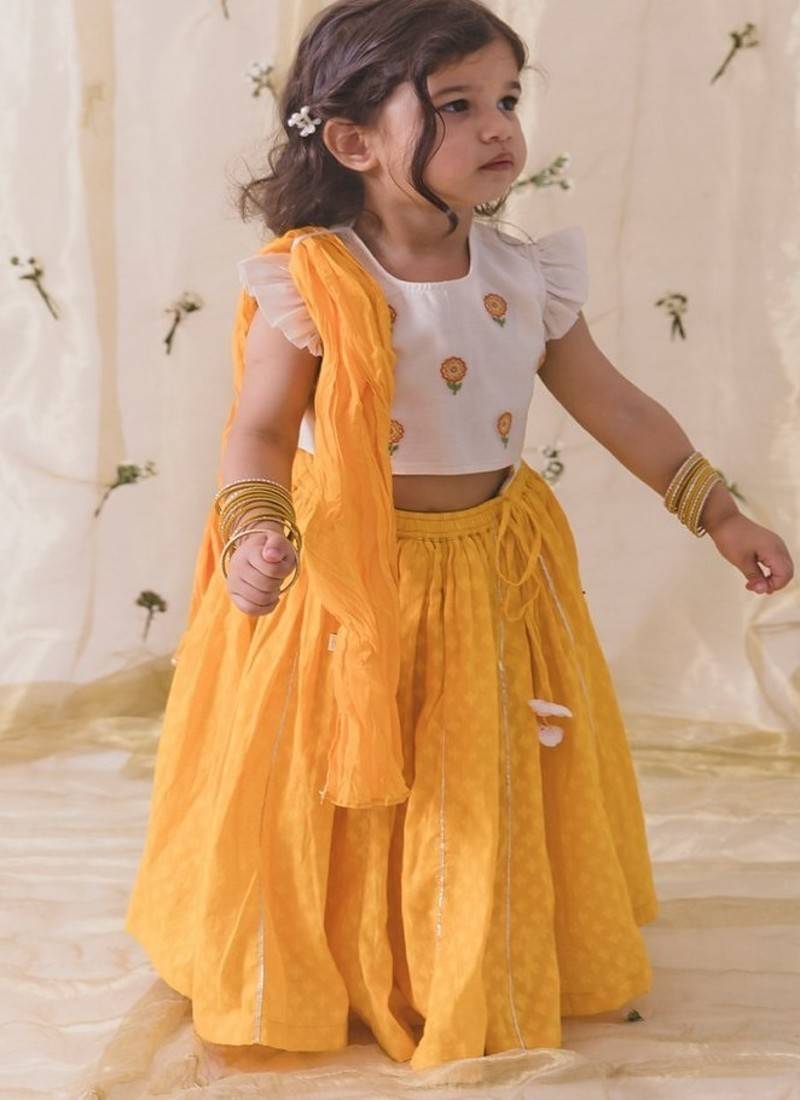 Yellow & white Plain chanderi silk  lehenga