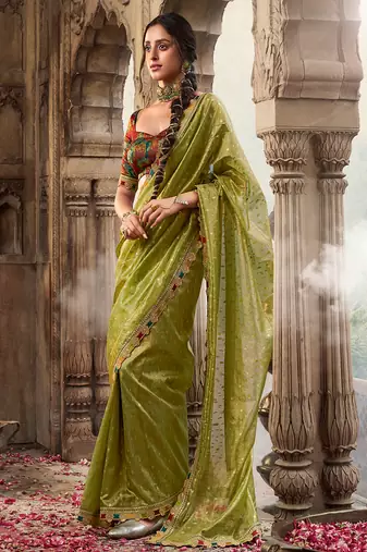 Parrot green  tissue woven with multicolored lace border saree with blouse