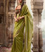 Parrot green  tissue woven with multicolored lace border saree with blouse